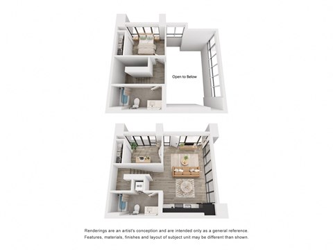 Gorgeous loft-style townhome, two bedroom, two bathroom, corner layout, living space is surrounded by windows 990 sq. ft. at The Weidler in Portland, OR 97209